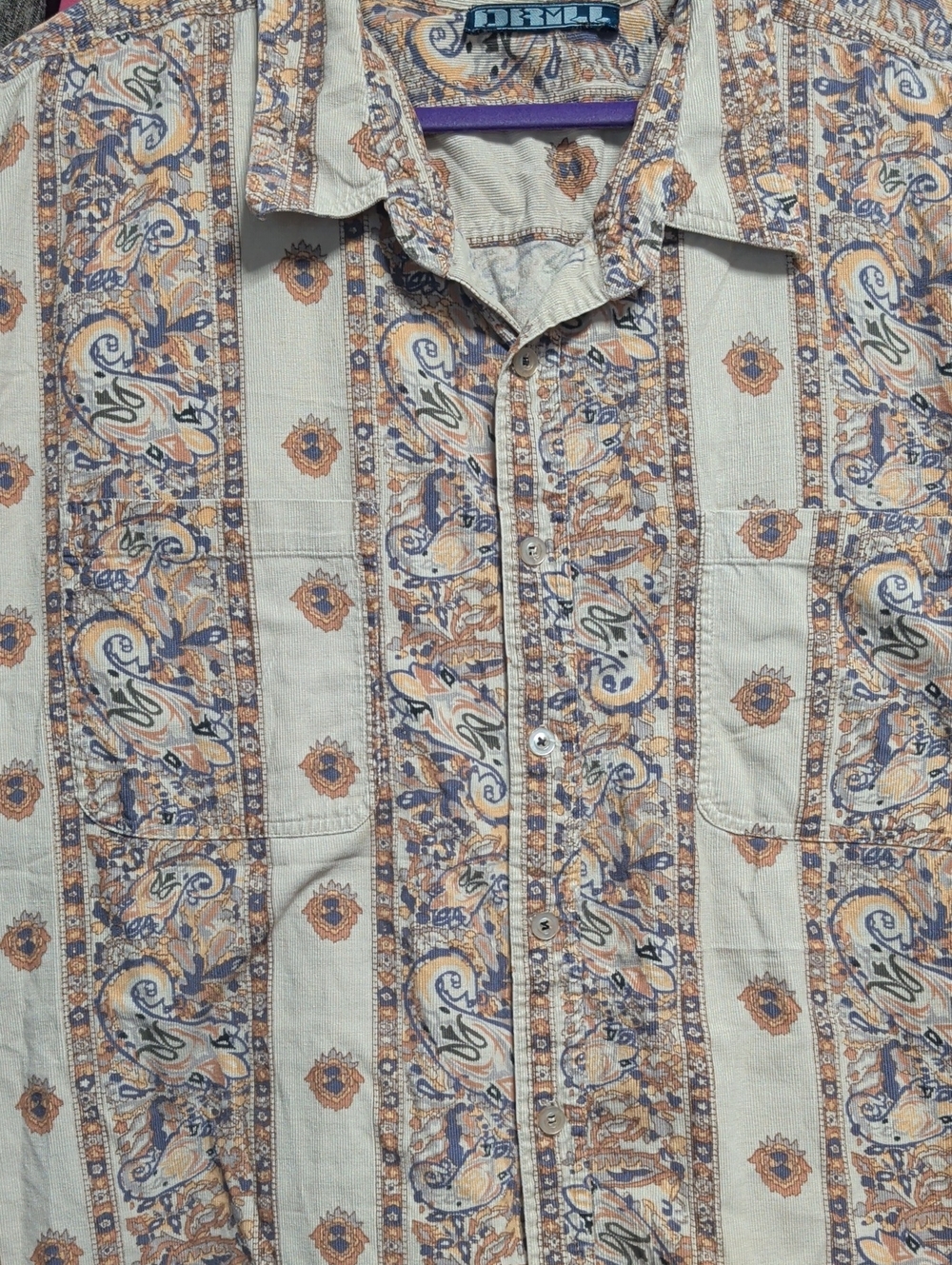 Beige Paisley-Print Light Corduroy Shirt Dress/Tunic